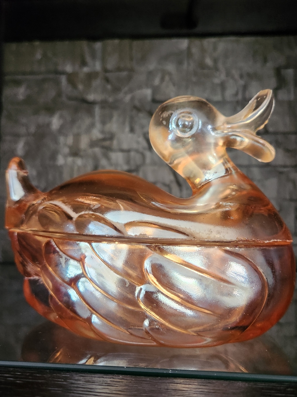 Jeannette Glass "Mama Quack" Marigold Carnival Glass Duck On A Nest Candy Dish